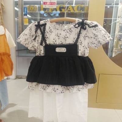 Girls’ Floral Print Short-Sleeve Top with Black Lace Straps