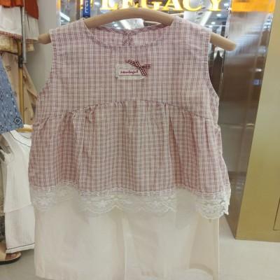 Pink Checkered Sleeveless Tunic with White Lace-Trim