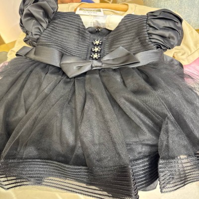 Black Satin Bow Puffy Sleeve Tutu Dress
