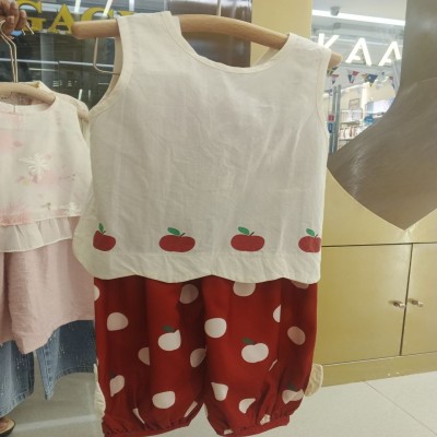 Girls’ White Apple Print Sleeveless Top & Red Apple Harem Pants Set