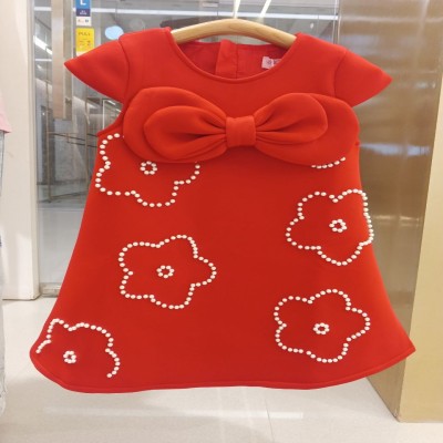 Red Pearl Flower Bow Dress for Girls – Short Sleeve