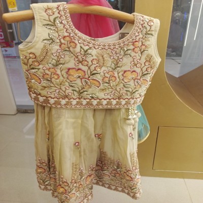 Luxury Beige Floral Embroidered Girls Party Dress with Pearl & Sequin