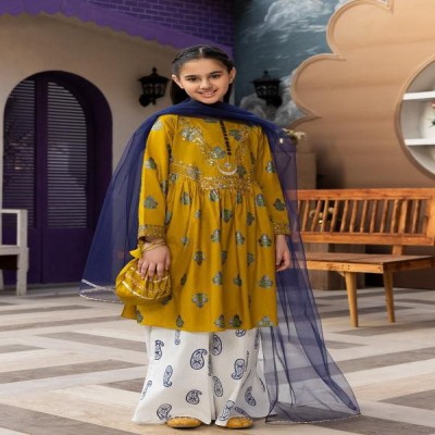 Girl's Mustard Yellow Embroidered Anarkali Salwar Kameez with Navy Blue Dupatta