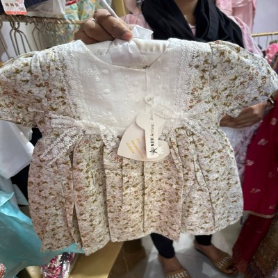 Cream Floral Print Lace Bodice Puff Sleeve Pleated Dress for Girls