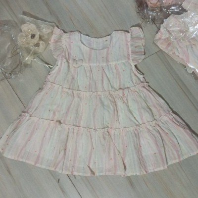 Pink Striped Tiered Ruffle Cotton Frock