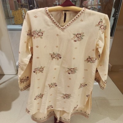 Ivory Cream Floral Embroidered Kurti Set with Matching Pants