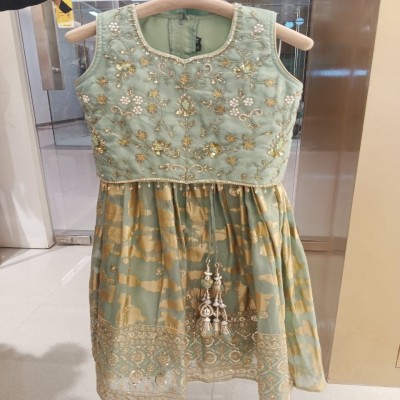 Girls' Sage Green & Gold Embroidered Ethnic Lehenga
