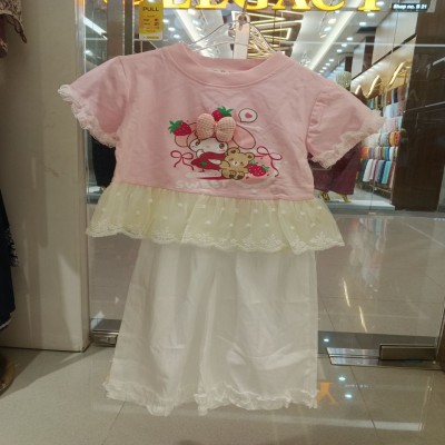 Pink Cute Character Graphic T-Shirt & Cream Ruffle Palazzo