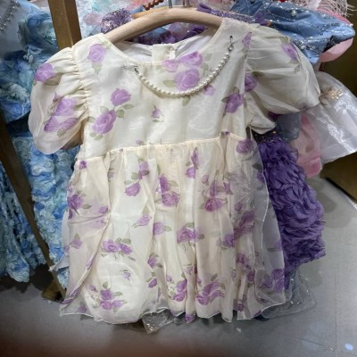Cream Purple Rose Print Puff Sleeve Chiffon Dress with Pearl Necklace for Girls