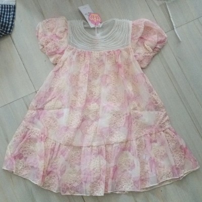 Pink Floral Embroidered Pearl-Neck Dress
