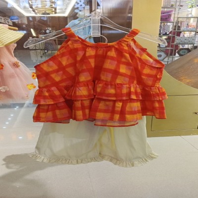 Orange Check Halter Peplum Top & Cream Ruffle Palazzo