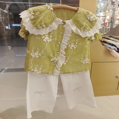 Girls Green Floral Embroidered Top & White Pants Set