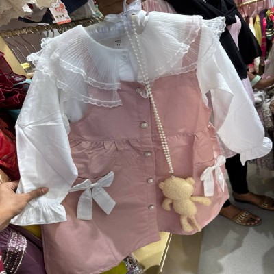 Pink Button-Down Pinafore Dress with White Ruffled Blous
