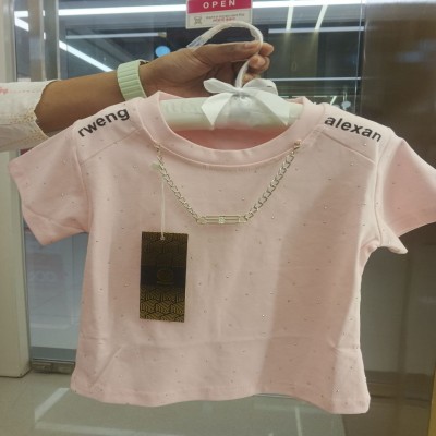 Pink Rhinestone Embellished Kids T-Shirt with Chain Necklace