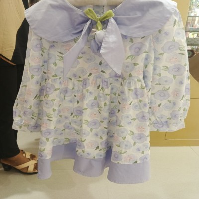 Girls’ Soft Blue Floral Print Dress with Oversized Collar & Bow