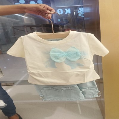 Girls Cute Bow Detail White & Sky Blue 2 Piece Summer Outfit Set  Short Description