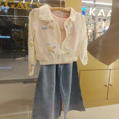 Girls’ Cream Embroidered Bow Zip Jacket & Sparkle Denim Wide-Leg Jeans Set