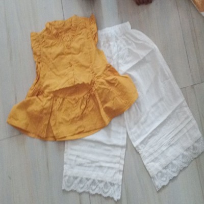 Mustard Peplum Top & White Lace Palazzo Pants Set