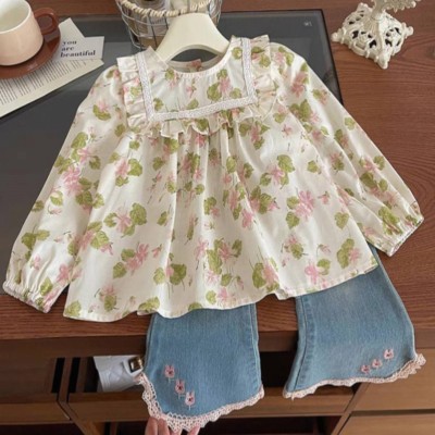 Floral Ruffle Top & Embroidered Denim Pant Set