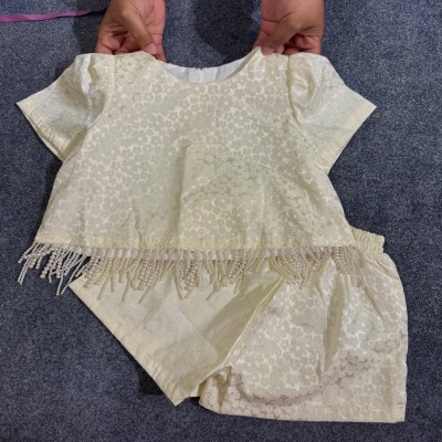 Premium Girls Cream Pearl Fringe Crop Top & Shorts Set