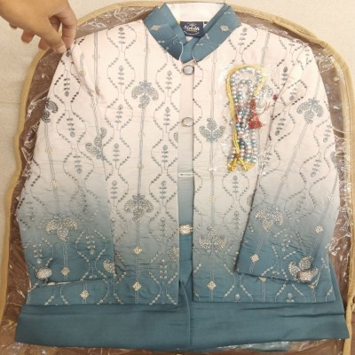 Slate Blue & Cream Ombre Floral Embroidered Sherwani