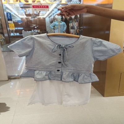 Light Blue Polka Dot Peplum Top & White Shorts