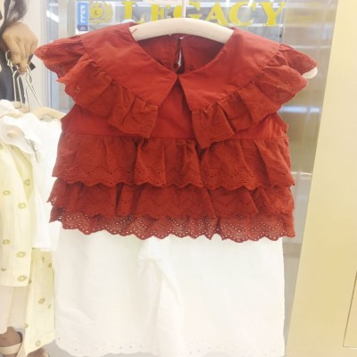 Girls’ Rust Red Eyelet Ruffle-Collar Top & White Embroidered Shorts Set