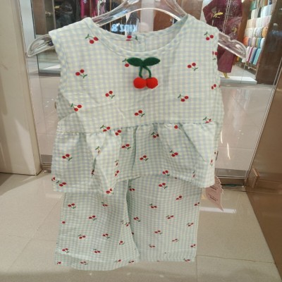 Sky Blue Gingham & Cherry Print Peplum Top