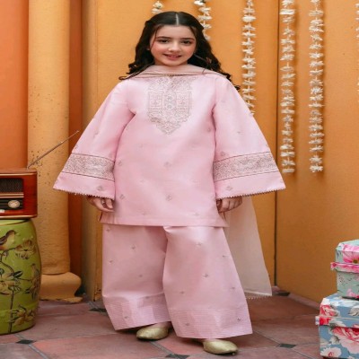 Baby Pink Embroidered Ethnic Kurta Palazzo Dupatta Set for Girls