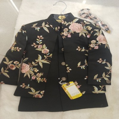 Boys' Floral Embroidered Black Indo-Western Sherwani