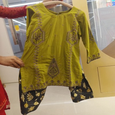 Olive Green Embroidered Kurti with Contrast Printed Trouser