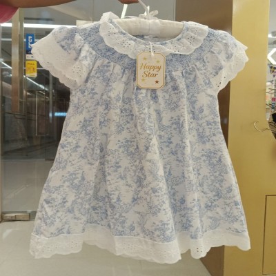 Girls Blue Floral Print Cotton Dress with Smocked Yoke & Lace Trim