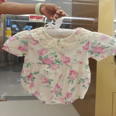 Baby Girls Floral Print Romper with Crochet Lace Collar