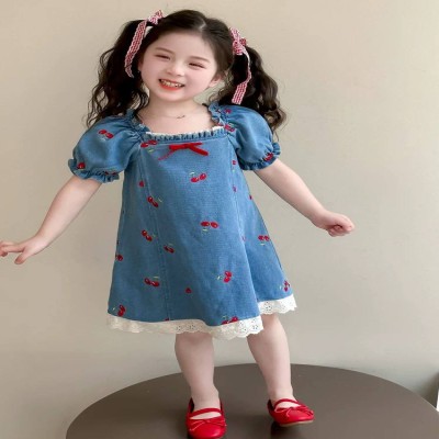 Cherry Embroidery Denim Dress