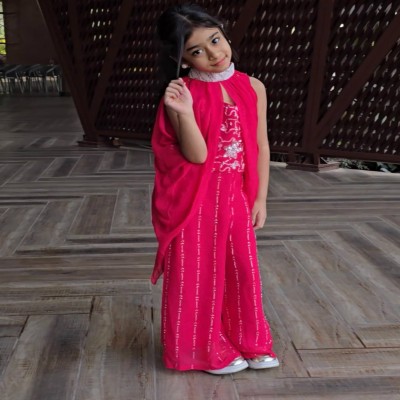 Hot Pink Sequined Sleeveless Palazzo Jumpsuit Set with Dupatta
