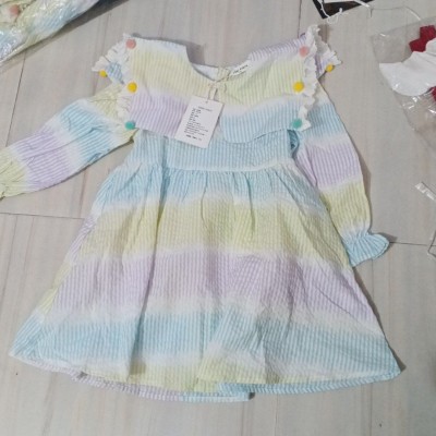 Pastel Rainbow Stripe Pom-Pom Collar Dress