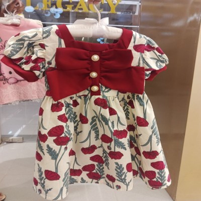 Girls’ Red Floral Printed Party Dress with Oversized Bow & Pearl Buttons