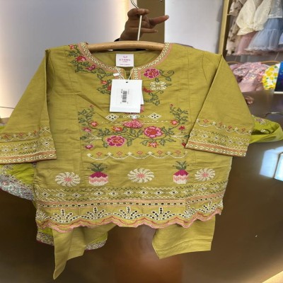 Olive Green Floral Embroidered Kurti with Pants