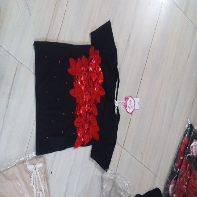 Black Short-Sleeve Top with Red Floral Sequin
