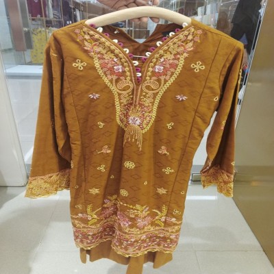 Mustard Brown Embroidered Kurti Set with Floral Neckline