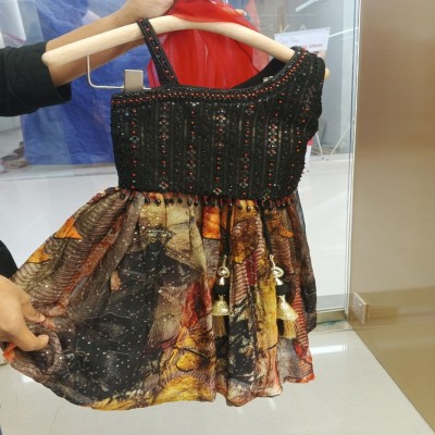 Stylish Black Beaded Girls Party Dress with Printed Flared Skirt