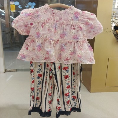Girls' Two-Piece Floral Eyelet Lace Peplum Top and Striped