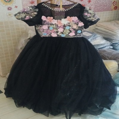 Black Floral Applique Shimmer Tulle Gown