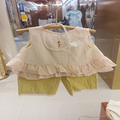 Light Pink Sleeveless Ruffled Top and Olive Green Shorts Set