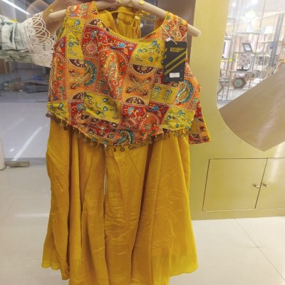Mustard Yellow Embroidered Kids Lehenga Set with Multi-Color Patchwork Jacke