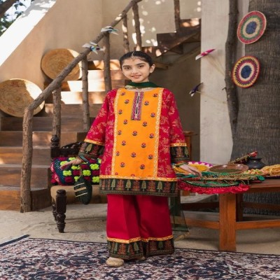 Girl's Red & Yellow Embroidered Salwar Kameez with Green Dupatta