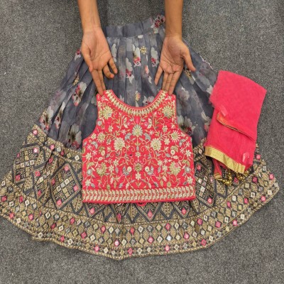 Grey Floral Print Kids Lehenga