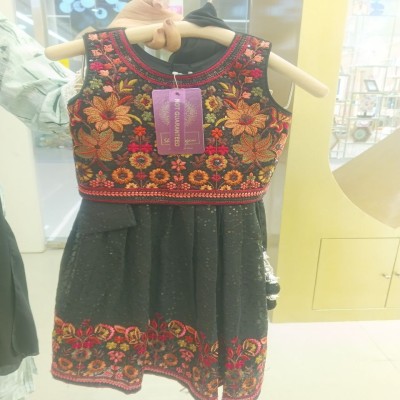 Black Heavy Floral Embroidered Kids Frock with Potli Bag |