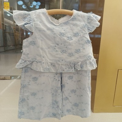 Girls Premium Sky Blue Floral Embroidered Top & Wide Leg Pants Set