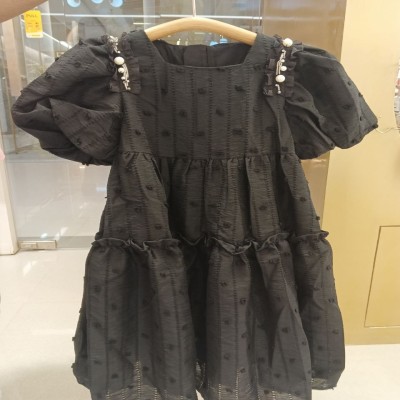 Girls’ Elegant Black Embroidered Puff-Sleeve Party Dress with Ruffle Skirt